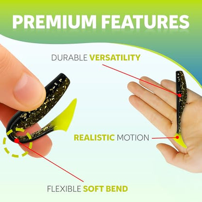 Soft Plastic Paddle Tail Swimbaits – 3 1/4", 4" & 5" Soft Plastic Fishing Lures with Extra-Large Tail for Lifelike Swimming Action – Freshwater & Saltwater - color: Gold with Chartreuse Tail, size: 3 1/4 Inch - 12 Pack