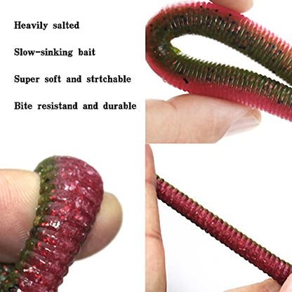 Soft Plastic Bass Fishing Lure 5.3" Senko Style Worms-Salt Impregnation, Ribbed Design Slow Sinking Swimbaits - color: 07-Fire ball