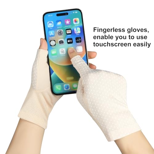 Senkary 3 Pairs Sun UV Protection Gloves Non Slip Cotton Fingerless Driving Biking Sunscreen Nail Manicure Gloves for Women - color: Khaki, Gray and Pink