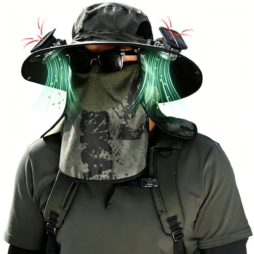 Solar Powered Fan Hat with 2 Fans, Wide Brim Sun Hat for Men Women, Adjustable Cooling Fishing Hat for Outdoor - color: Camo - Green