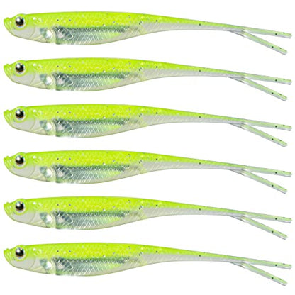 Dr.Fish Soft Plastic Baits, Fork Tail Soft Jerkbait Minnow Lures, 3 to 4-3/4 Inches Soft Swimbaits Jerk Shad Baits Crappie Bass Fishing Lures - color: Chartreuse, size: 3"-6 Pack