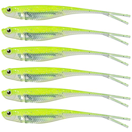 Dr.Fish Soft Plastic Baits, Fork Tail Soft Jerkbait Minnow Lures, 3 to 4-3/4 Inches Soft Swimbaits Jerk Shad Baits Crappie Bass Fishing Lures - color: Chartreuse, size: 3"-6 Pack