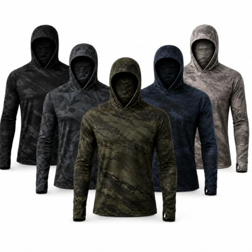5 Pack Men's Camouflage Long Sleeve Hooded Shirt with Balaclava Face Mask,Sun Protection Fishing Hunting Rash Guard