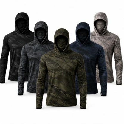 5 Pack Men's Camouflage Long Sleeve Hooded Shirt with Balaclava Face Mask,Sun Protection Fishing Hunting Rash Guard