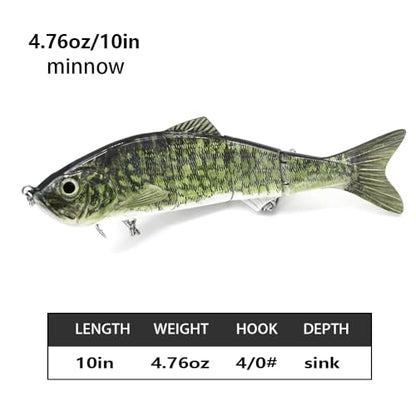 10in Multi Jointed Swimbait Fishing Lures Bait,4 Segment Big Giant Sinking Fishing Bass Lures,Crankbaits Swimbaits with Treble Hook - color: 10in,4.76oz-Color E