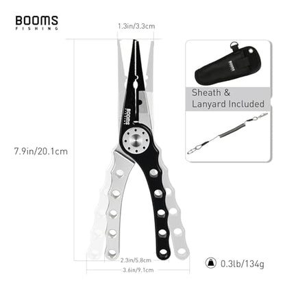 Booms Fishing X1 Aluminum Fishing Pliers Saltwater, Surf Fishing Tackle Kit, Fishing Multitool Hook Remover Braided Fishing Line Cutting and Split Ring with Coiled Lanyard and Sheath - color: Black&silver