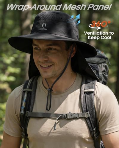 FURTALK Sun Hats for Men Women Fishing Hat with Neck Flap UPF 80+ Breathable Wide Brim Hiking Safari Summer Bucket Hats - color: Black