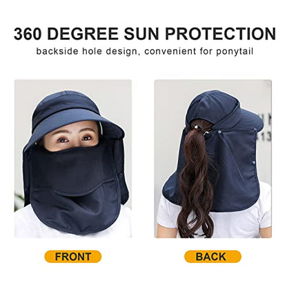 Women Wide Brim Face Mask Sun Hat Detachable Neck Face Flap Ponytail UV Protection Visor Hat Garden Fishing Hiking - color: A4-shun005-navy
