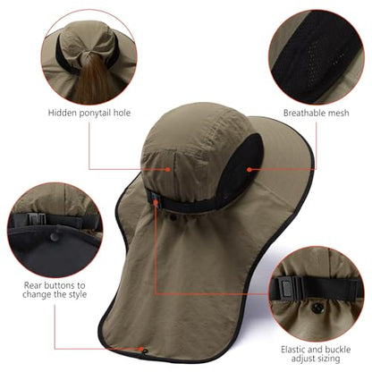 BASSDASH UPF 50+ Unisex Water Resistant Wide Brim Sun Hat with Large Neck Flap Ponytail Fishing Hat for Men Women - color: Sand/Black