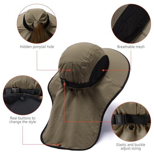 BASSDASH UPF 50+ Unisex Water Resistant Wide Brim Sun Hat with Large Neck Flap Ponytail Fishing Hat for Men Women - color: Sand/Black