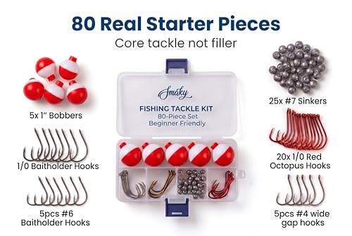 Smaky Fishing Tackle Kit Beginners Equipment 80 Pcs-Includes Fishing Hooks Bobbers Circle Octopus Hooks Sinkers| Starter Kit for Artificial and Live Baits (80-Pcs)