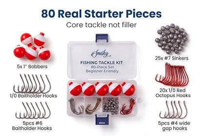 Smaky Fishing Tackle Kit Beginners Equipment 80 Pcs-Includes Fishing Hooks Bobbers Circle Octopus Hooks Sinkers| Starter Kit for Artificial and Live Baits (80-Pcs)
