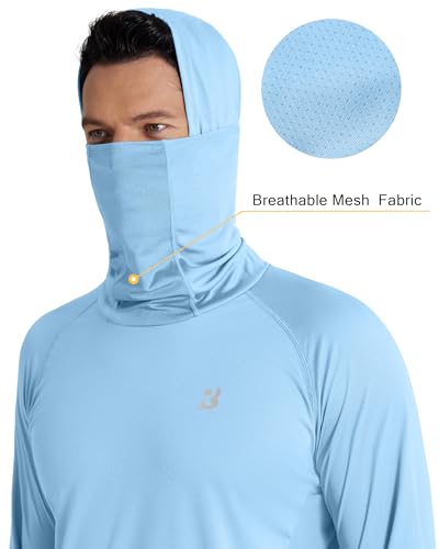 Roadbox UPF 50+ Men's Hooded Fishing Shirts, Long Sleeve UV Sun Protection Hoodie Hiking Running Swim Rash Guard with Mask - color: Light Blue, size: Large