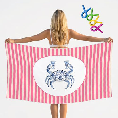 Blue Chinoiserie Crab Summer Beach Towel with Clips Set - Preppy Coastal Pink Striped Large Sand Free Towel 30x60 Inch for Beach Camping Swim Pool Gym Sports & Yoga - color: Btowels09