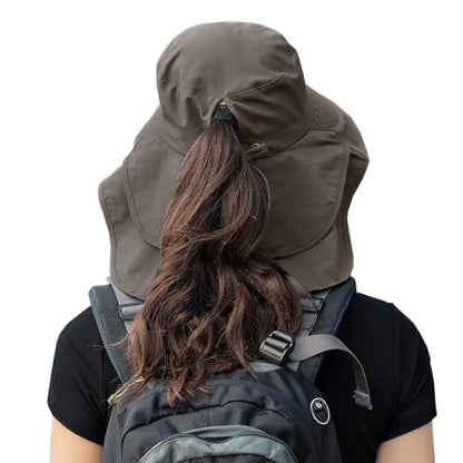 Womens Sun Hat UPF 50+ Wide Brim and Ponytail Hole, Hiking Safari Hat with Neck Flap… - color: Light Grey+army Green
