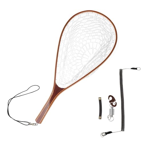 Aventik Fly Fishing Landing Net for Trout Soft Rubber Ghost Mesh Catch and Release Wooden Frame Lightweight and Tangle-Free - style: Round Head&magnet