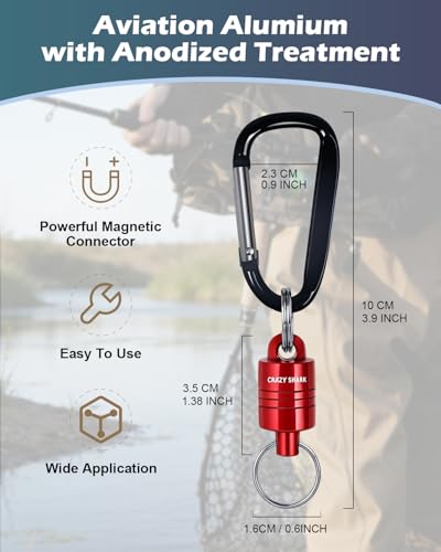 Magnetic Net Release for Fly Fishing, Aluminum Magnetic Quick Release Keychain, Fly Fishing Net Magnet Holder Retractor with Carabiner - color: RED-2PC