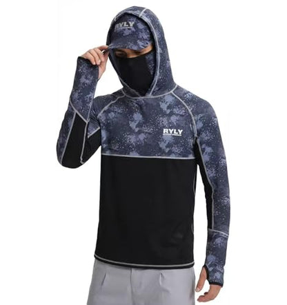 Men's Performance Fishing Shirts,Sun Protection Hoodie Long Sleeve UPF 50+ Hiking Shirt with Mask Cap - color: Dark Blue, size: Small