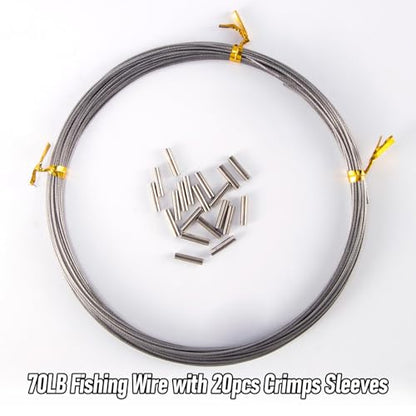 Alwonder 32.8ft Fishing Wire Fishing Leader Line with 20pcs Crimps Sleeves, Nylon Coated 1x7 Stainless Steel Leader Wire Freshwater Saltwater for Pike, Billfish, Bluefish, Muskie, Wahoo - size: 70LB