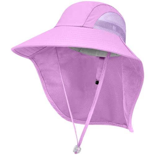 Kids Sun Hat UPF50+ Summer Beach Play Sun Protection Hats with Neck Flap for Ages 5~14 Girls Boys - color: Purple