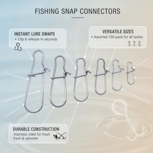 100-Pack Fishing Snap Connectors, Stainless Steel Lure Snaps for Quick Tackle Swapping, Assorted Sizes Saltwater and Freshwater Terminal Tackle Accessories - size: 3.94 x 3.15 x 0.98"