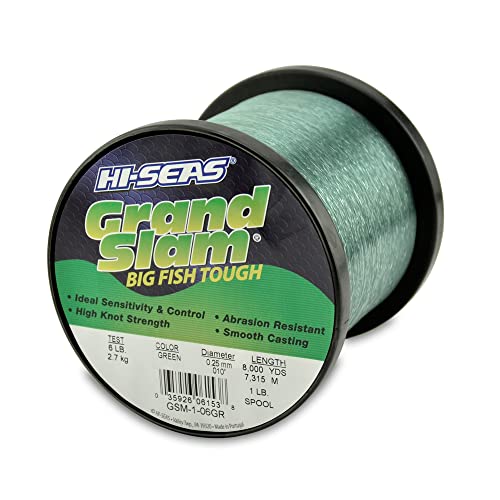 HI-SEAS Grand Slam Monofilament Fishing Line - Strong & Abrasion Resistant in Clear, Pink, Green, Smoke Blue, Fluorescent Yellow Freshwater & Saltwater - 1 lb Spool - color: Green, style: 6 Lb Test, 0.25 Mm Dia, 8000 Yd