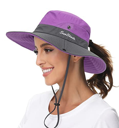 Sun Hat for Women Summer UV Protection Beach Hat Wide Brim Mesh Bucket Fishing Hat with Ponytail Hole Foldable Packable Hat - color: Purple(with Ponytail Hole)