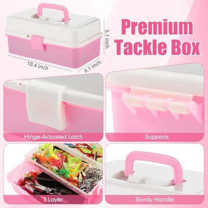 RoundFunny 3 Layers Fishing Tackle Box 414 Pcs Fishing Gift Lures Gear Kit with Tackle Included Pliers Lip Gripper Bait Hook Accessories for Beginner Fisherman Women Men, Fit Bass Trout - color: Pink