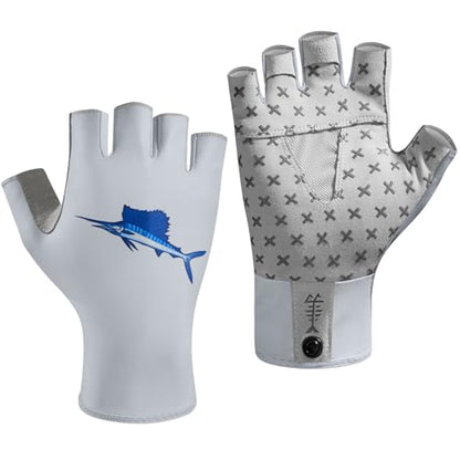 BASSDASH Unisex UPF 50+ Half Finger Sun Gloves Fingerless Breathable UV Protection for Fishing Hiking Kayaking Rowing FG02 - color: Cool Grey/Marlin, size: Large