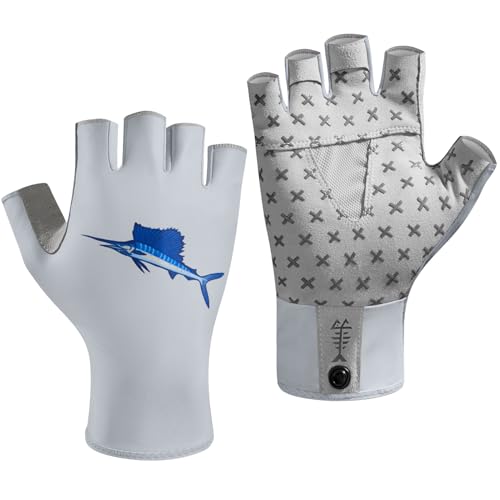 BASSDASH Unisex UPF 50+ Half Finger Sun Gloves Fingerless Breathable UV Protection for Fishing Hiking Kayaking Rowing FG02 - color: Cool Grey/Marlin, size: Medium