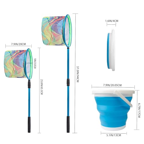 Fishing Nets with Bucket Fishing Retractable Landing Net Lightweight Aluminum Pole with Non-Slip Handle for Catch and Release and Release Frogs Butterfly Youth Outdoor - style: Blue+green