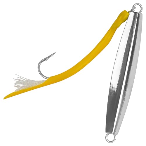 Diamond Jig Saltwater Fishing Lures Casting Jigging Spoon with Tube Tail Stainless Steel Hooks Trolling Lures Striped Bass Metal Jig for Deep Sea Surf Fishing Bottom Dragging Sinking - color: Yellow, size: 2 oz