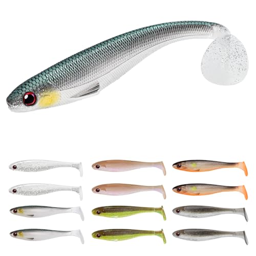 TRUSCEND Shadtale Easy Catch Soft Fishing Lures, Unique Vibration and Action for Various Rigs, Paddle Tail Swimbaits Trailer for Bass, Trout, Crappie, Walleye, Redfish, Saltwater & Freshwater Fishing - color: 5",12pcs,0.6oz