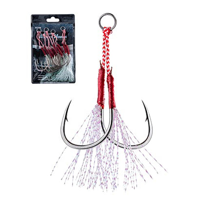 Goture Double Fishing Assist Hooks Kit Jig Assist Glow Hook Slow Fast Fall Jigs Fishing Hook for Lead Vertical Jigging Lures Pack of 5 - color: Red, size: #3/0 (5pcs)