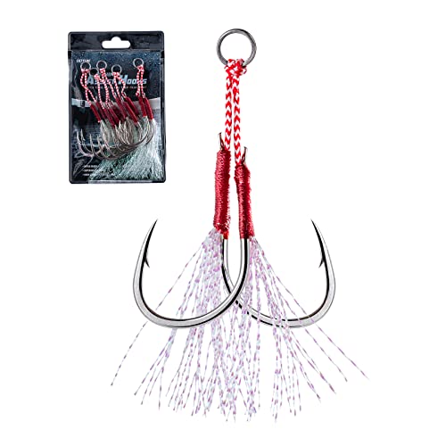 Goture Double Fishing Assist Hooks Kit Jig Assist Glow Hook Slow Fast Fall Jigs Fishing Hook for Lead Vertical Jigging Lures Pack of 5 - color: Red, size: #3/0 (5pcs)
