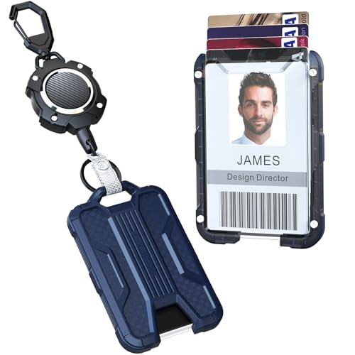 LIUGX Retractable Badge Holders, Heavy Duty Carabiner Keychain Clip,Durable ID Card Holder (Holds 4 Cards), with 31.5” Retractable Badge Reel,10,000+ Rebound,Carbon Fiber-Texture,Dark Blue - color: Dark Blue