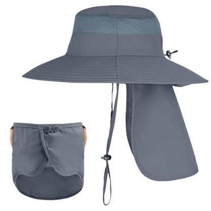 Sun Hats for Men Women Fishing Hat UPF 50+ Breathable Wide Brim Bucket Hats Summer UV Protection Safari Hat with Neck Flap - color: Dark Grey (With Face Cover)