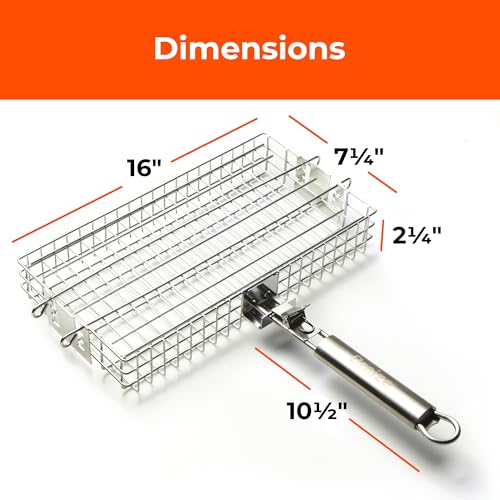 Adjustable Grill Basket with Removable Handle – 4 Height Levels for Vegetables, Meat, Fish & More – Locking Lid - Basting Brush, Scrub Sponge & Storage Bag for Outdoor Cooking - size: Adjustable w/ Sponges