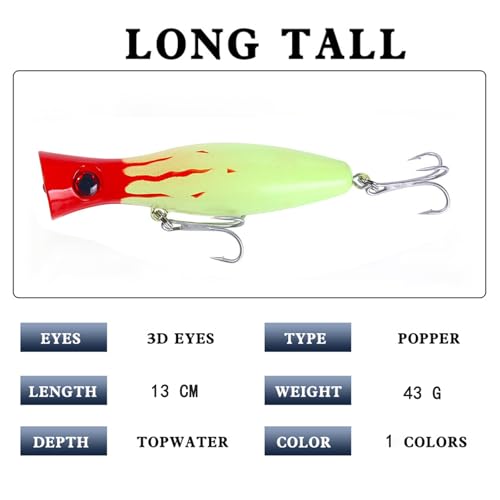 Popper Fishing Lure, JAZALIC Topwater Popper Lures 3D Eyes Fishing Accessories for Saltwater Surface Casting and Freshwater Surface Fishing, Gt Tuna Kingfish Large Predator Fish (5.11in, 1.48Oz) - color: DSE-R-Yellow-1-FBA