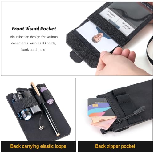 IDOGEAR Tactical ID Card Holder Visual Surface EDC Pouch with Zipper Pocket Badge Holders Credit Card Organizer Holster Neck Lanyard Hanging Hook and Loop Closure Pouches - color: Black