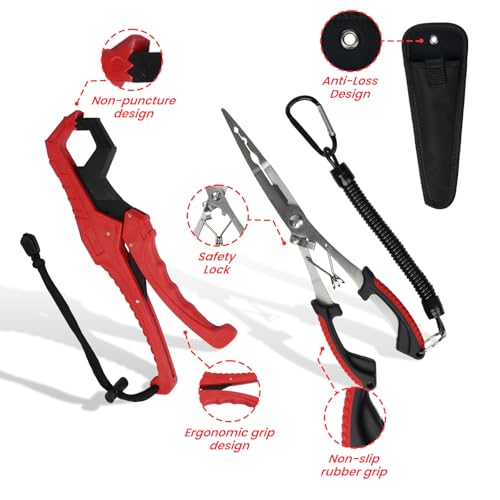 RAWILL 9 Pcs Fishing Tool Kit, Fishing Pliers with Lanyard and Protective Sheaths, Landing Net, Fillet Knife, Fish Scale, Gripper - color: Red