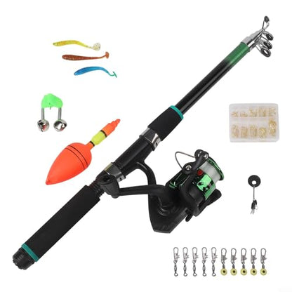 Telescopic Fishing Rod and Reel, Portable Travel Fishing Kit with Tackle Box, Lightweight for Backpacking, Beginner - size: Green Rod Set