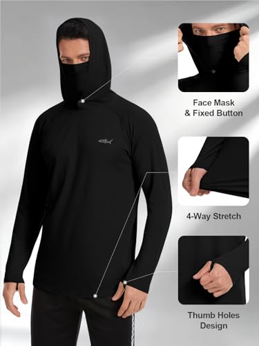 Men's UPF 50+ Sun Protection Hoodie Lightweight Quick Dry Fishing Shirts Long Sleeve Rash Guard with Mask - color: Black, size: Medium