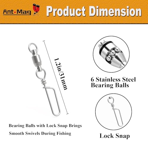 Ant Mag Fishing Snap Swivels 360° Ball Bearing Corrosion Resistant Stainless Steel Saltwater Freshwater Tackle - size: 30lbs-1.2"
