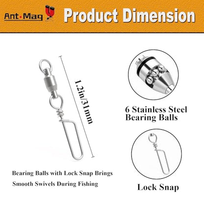 Ant Mag Fishing Snap Swivels 360° Ball Bearing Corrosion Resistant Stainless Steel Saltwater Freshwater Tackle - size: 30lbs-1.2"