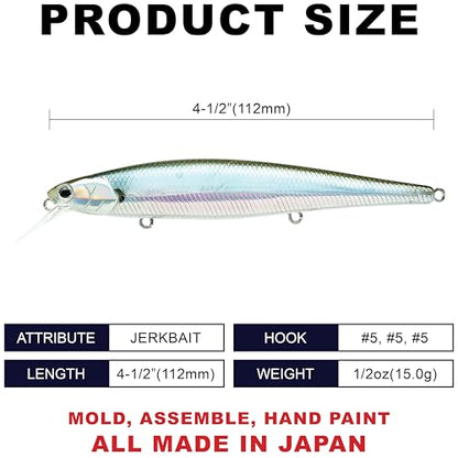 LUCKY CRAFT Slender Pointer 112 MR Fishing Lure, 4.5" Suspending Jerkbait, 4-5 ft Depth, Long Casting, Freshwater Trout and Bass Lures, Bass Fishing Gear and Tournament Hard Bait - color: 410 MH Ghost Minnow