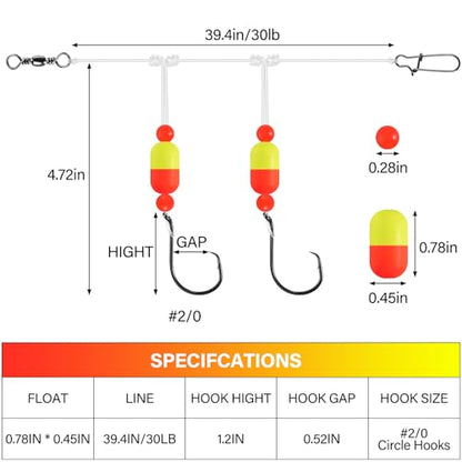 Alwonder 5-Pack Pompano Rigs Surf Fishing Rigs with Snell Floats, Saltwater Live Bait Rig Swivels Duo Lock Snaps Circle Wide Gap Kahle Hooks Rig for Beach Surf Casting Pier Jetty Fishing - color: Red & Yellow 5-Pack, size: #2/0 Circle Hook