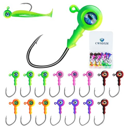 Round Jigs Heads for Fishing, 3D Eyes Ball Head Hooks with Stacked Cone Keeper, 1/8oz 1/5oz 1/4oz 3/8oz Crappie Jig Heads for Bass Fishing Trout Crappie Panfish Walleye - size: 1/4oz(7g)-15PCS