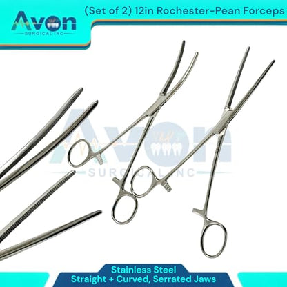 Pack of 2pcs - 12" Pean Hemostat Forceps with Serated Jaws | Curved + Straight | Autoclave-Safe Stainless Steel Fishing Pliers, Multi-Purpose
