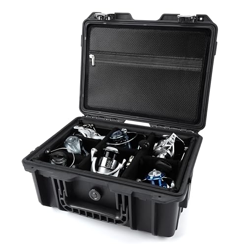 Fishing Reels Storage Case 15 Inches,Heavy Duty Waterproof Fishing Wheel Protective Hard Case, Tackle Collection Holder Box, 9pcs Adjustable Shockproof Dividers (Black with mesh bag) - color: Black with mesh bag